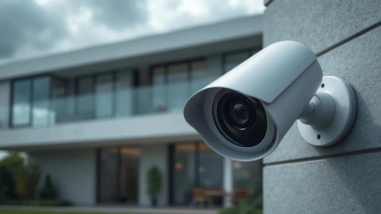 White CCTV camera fitted to the wall of a modern home